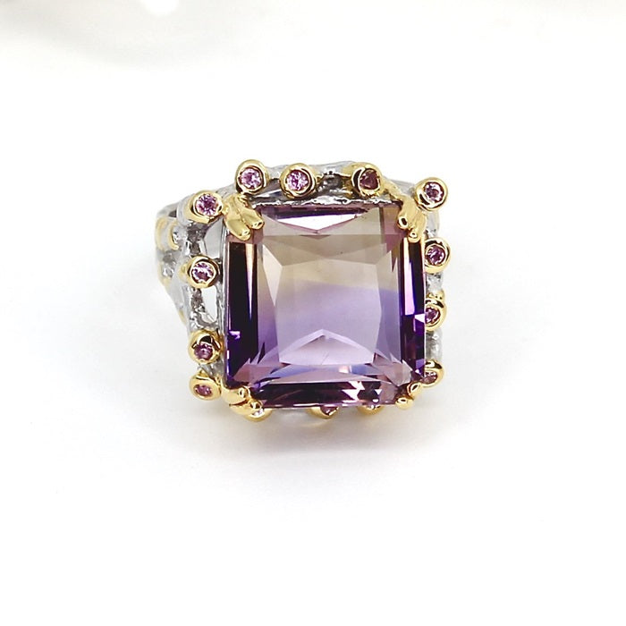 EMERALD CUT AMETRINE SILVER RING WITH SAPPHIRES