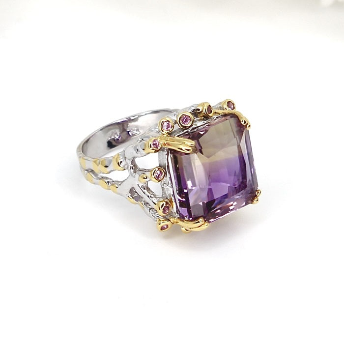 EMERALD CUT AMETRINE SILVER RING WITH SAPPHIRES