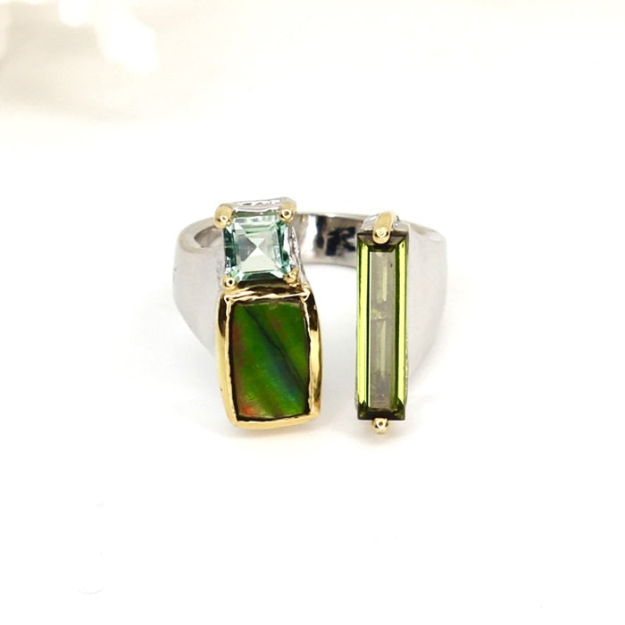 AMMOLITE & TOURMALINE SILVER SPLIT RING