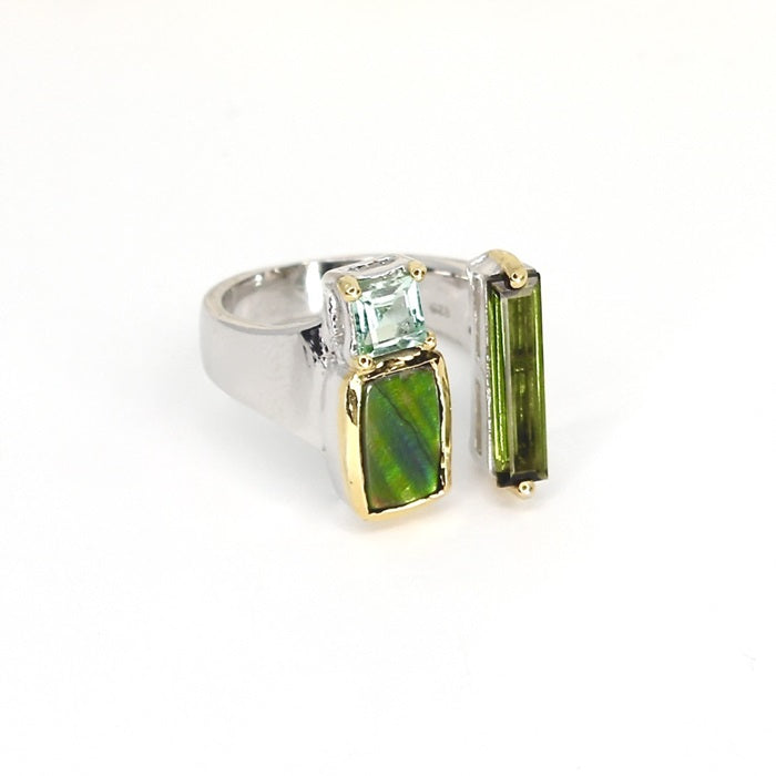 AMMOLITE & TOURMALINE SILVER SPLIT RING