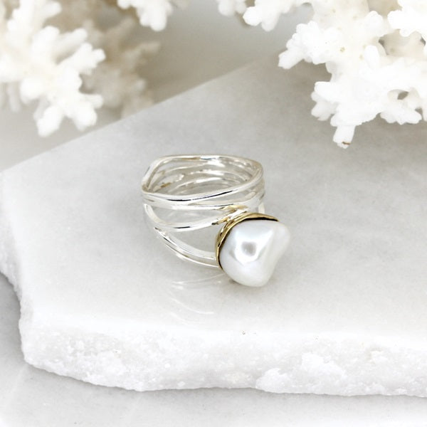 SILVER BAROQUE PEARL MULTI WAVE RING