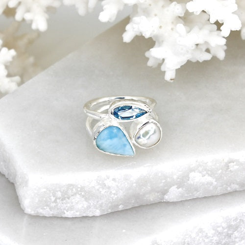 LARIMAR, TOPAZ & PEARL SILVER RING