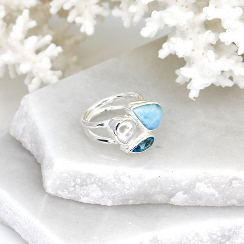 LARIMAR, TOPAZ & PEARL SILVER RING