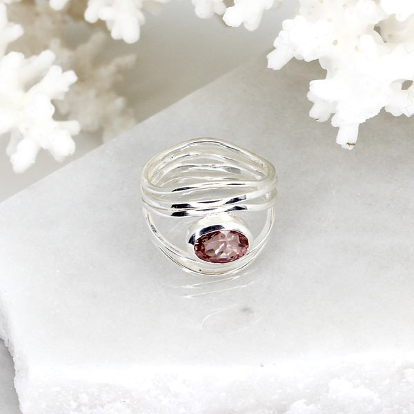 PINK TOURMALINE SILVER WAVY DESIGN RING
