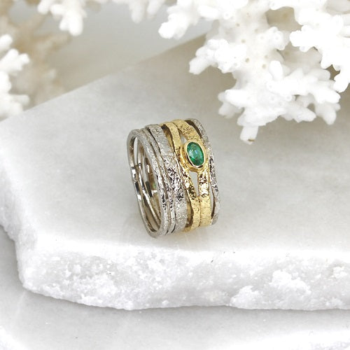 EMERALD SILVER MULTI BAND DESIGN RING