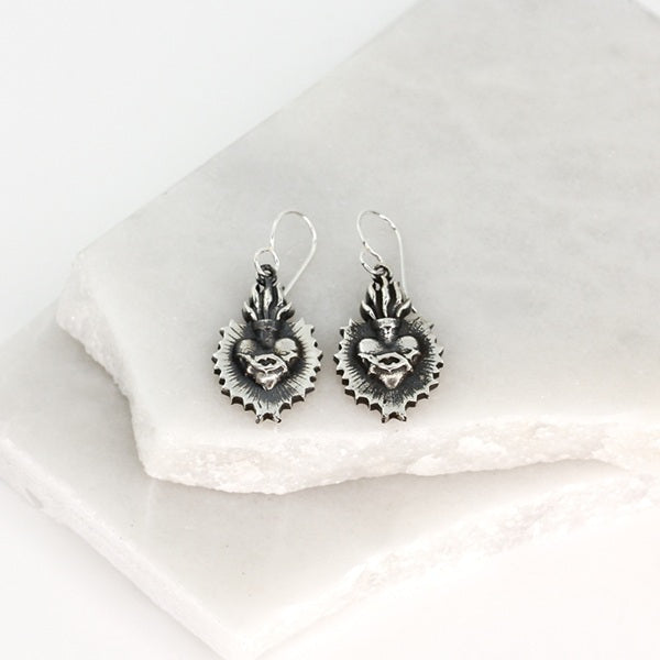 MEXICAN SILVER HEARTS WITH FLAMES SILVER DROP EARRINGS