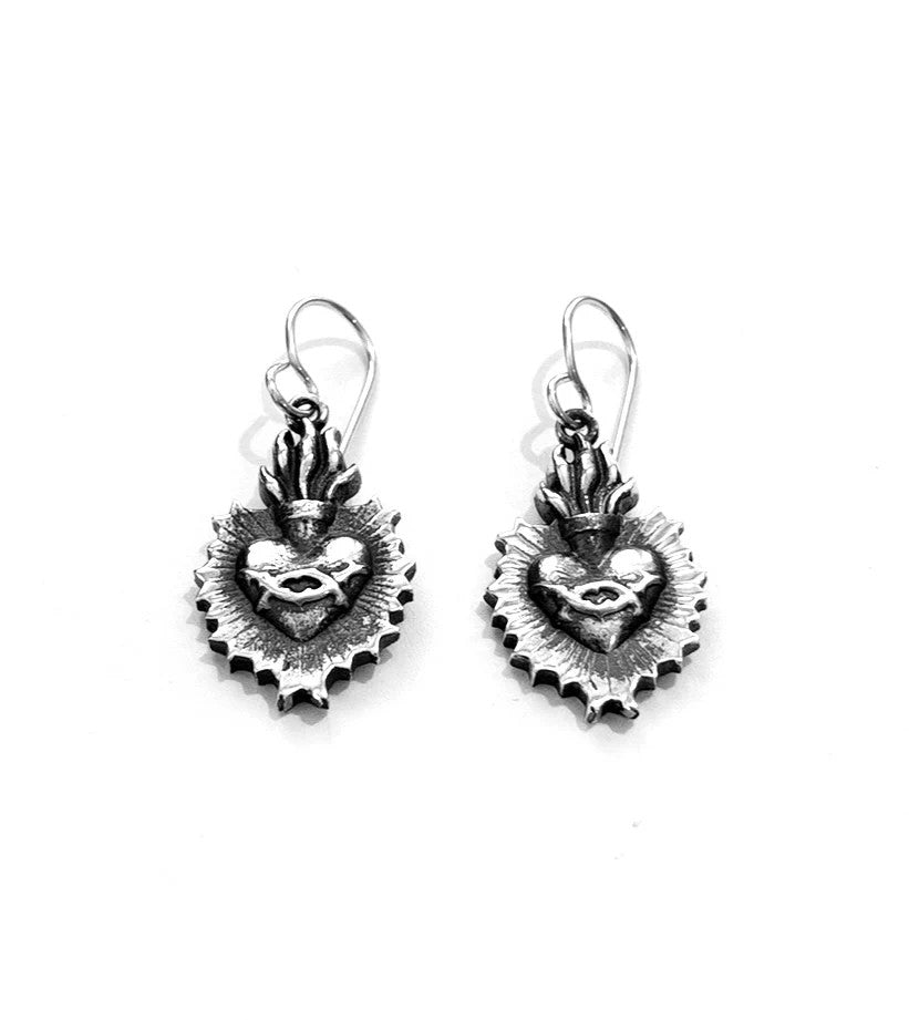 MEXICAN SILVER HEARTS WITH FLAMES SILVER DROP EARRINGS