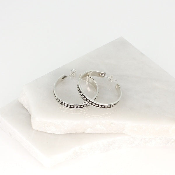 MEXICAN SILVER HOOPS WITH BALLS OXIDISED EARRINGS