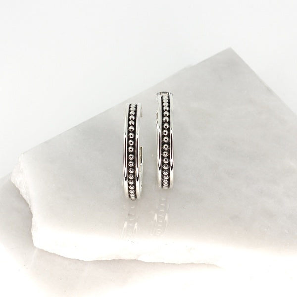 MEXICAN SILVER HOOPS WITH BALLS OXIDISED EARRINGS