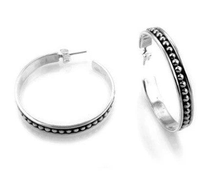 MEXICAN SILVER HOOPS WITH BALLS OXIDISED EARRINGS
