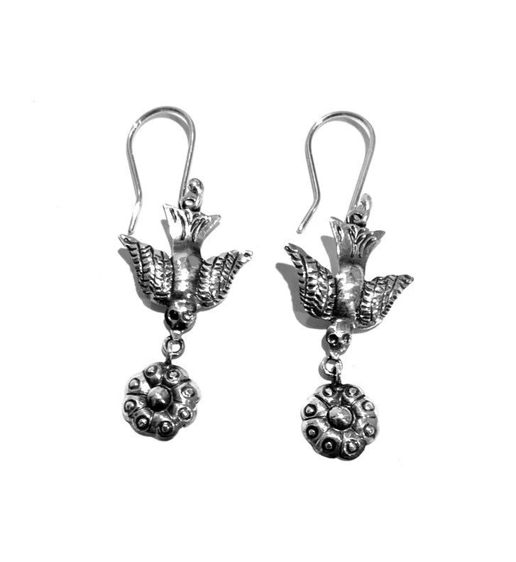 MEXICAN SILVER BIRD WITH FLOWER OXIDISED EARRINGS