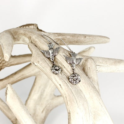 MEXICAN SILVER BIRD WITH FLOWER OXIDISED EARRINGS