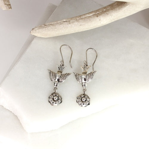 MEXICAN SILVER BIRD WITH FLOWER OXIDISED EARRINGS
