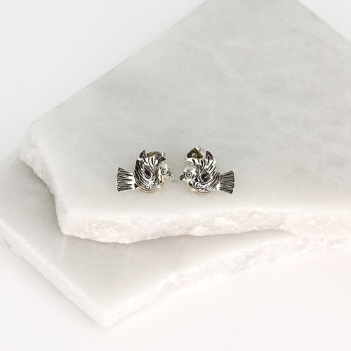 MEXICAN SILVER PUFF BIRD OXIDISED STUD EARRINGS