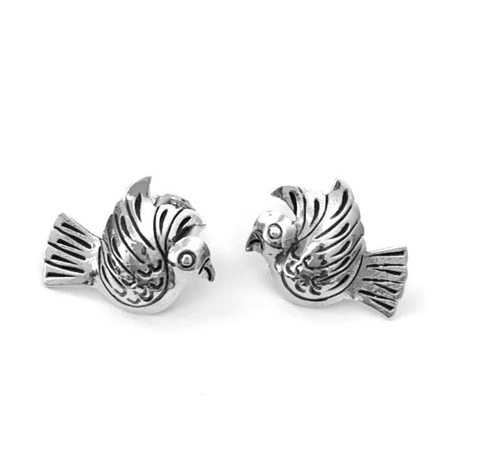 MEXICAN SILVER PUFF BIRD OXIDISED STUD EARRINGS