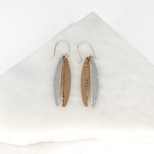 MEXICAN SILVER & COPPER HAMMERED LONG DROP EARRINGS