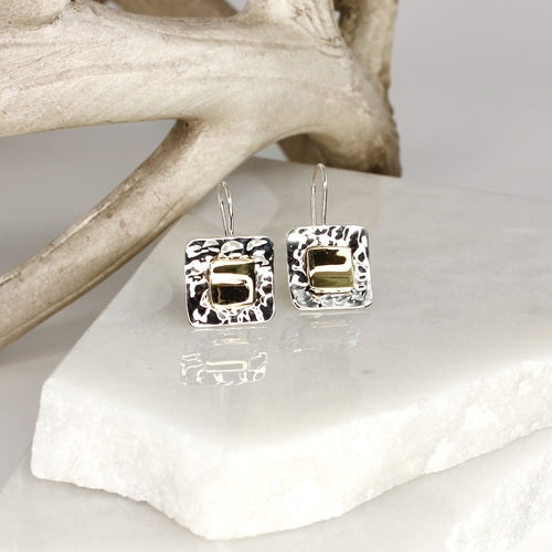 MEXICAN SILVER & BRASS HAMMERED SQUARE DROP EARRINGS