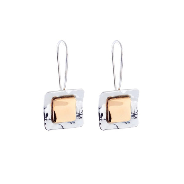 MEXICAN SILVER & BRASS HAMMERED SQUARE DROP EARRINGS