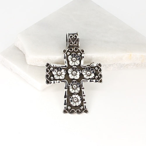 MEXICAN LARGE SILVER CROSS PENDANT WITH FLOWERS