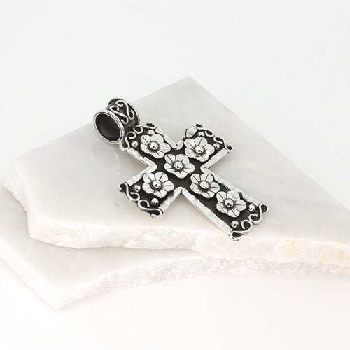 MEXICAN LARGE SILVER CROSS PENDANT WITH FLOWERS