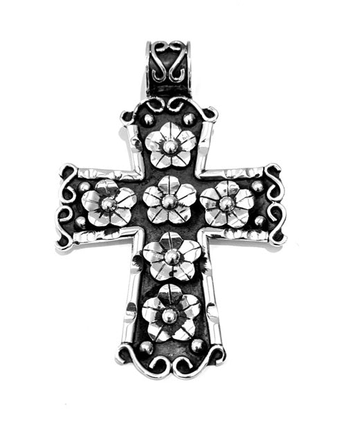 MEXICAN LARGE SILVER CROSS PENDANT WITH FLOWERS