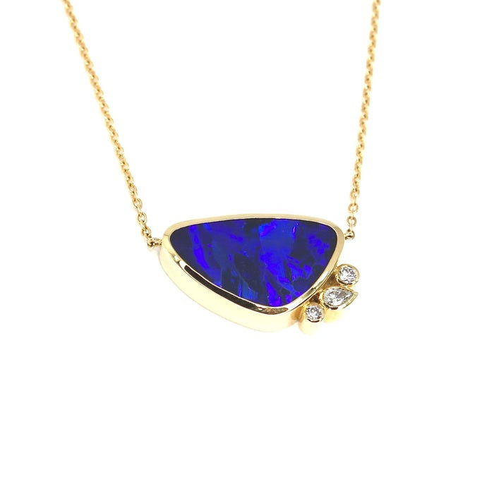 MIDNIGHT FLAME – BLACK OPAL DOUBLET & DIAMOND NECKLACE IN 18CT YELLOW GOLD