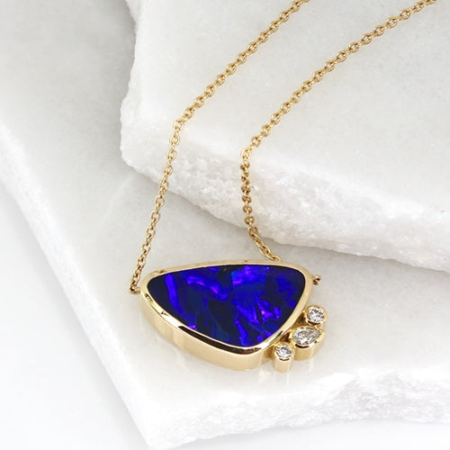 MIDNIGHT FLAME – BLACK OPAL DOUBLET & DIAMOND NECKLACE IN 18CT YELLOW GOLD