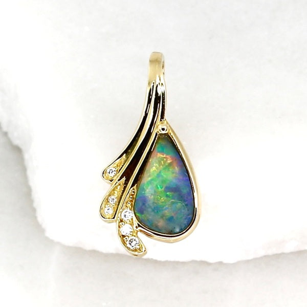 GOLDEN FLAME 18CT YELLOW GOLD BOULDER OPAL & DIAMOND PENDANT