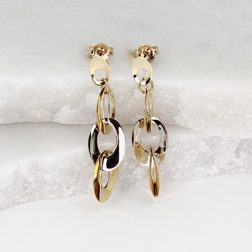 DUAL TONE ELEGANCE 9ct YELLOW & WHITE GOLD INTERLOCKING DROP STUD EARRINGS