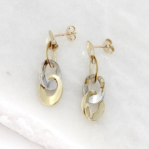DUAL TONE ELEGANCE 9ct YELLOW & WHITE GOLD INTERLOCKING DROP STUD EARRINGS