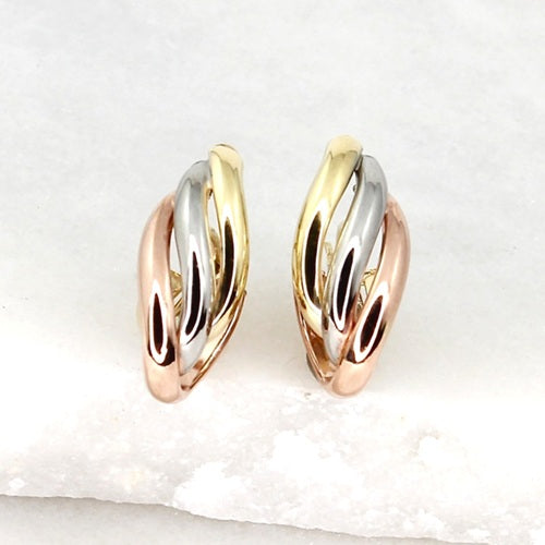 TRI-GOLD TWIST 9ct YELLOW, WHITE & ROSE GOLD INTERLOCKED HOOP EARRINGS