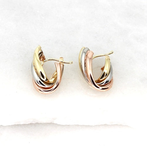 TRI-GOLD TWIST 9ct YELLOW, WHITE & ROSE GOLD INTERLOCKED HOOP EARRINGS