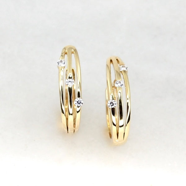 9CT YELLOW GOLD 3-BAND HUGGIE EARRINGS WITH CZ