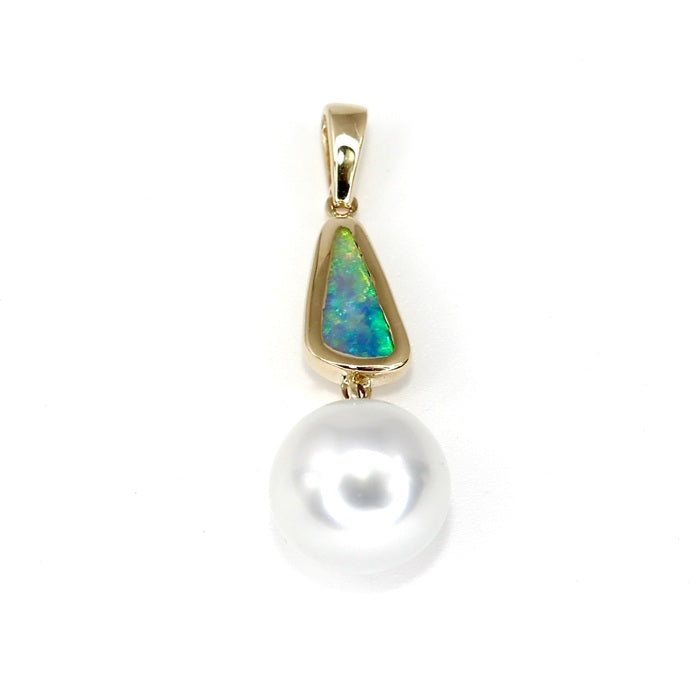 IKECHO 14ct YELLOW GOLD SOUTH SEA PEARL & L/RIDGE OPAL PENDANT