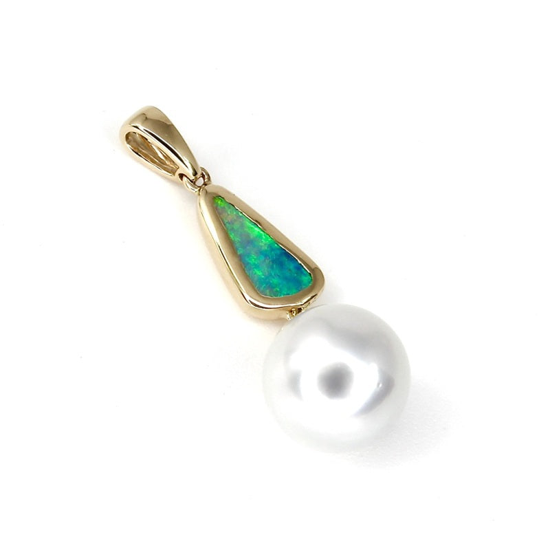 IKECHO 14ct YELLOW GOLD SOUTH SEA PEARL & L/RIDGE OPAL PENDANT