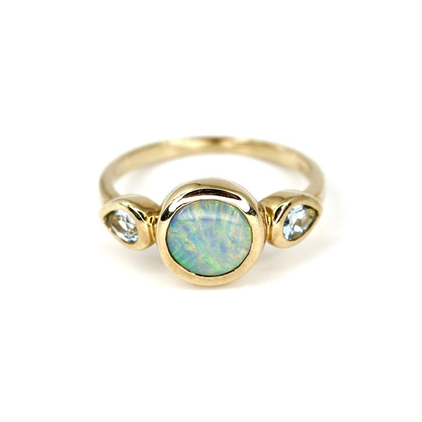 IKECHO 9ct Y/GOLD OPAL & AQUAMARINE RING