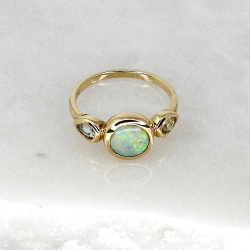 IKECHO 9ct Y/GOLD OPAL & AQUAMARINE RING