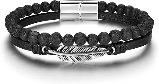 BLACK LEATHER BRACELET WITH FEATHER FEATURE