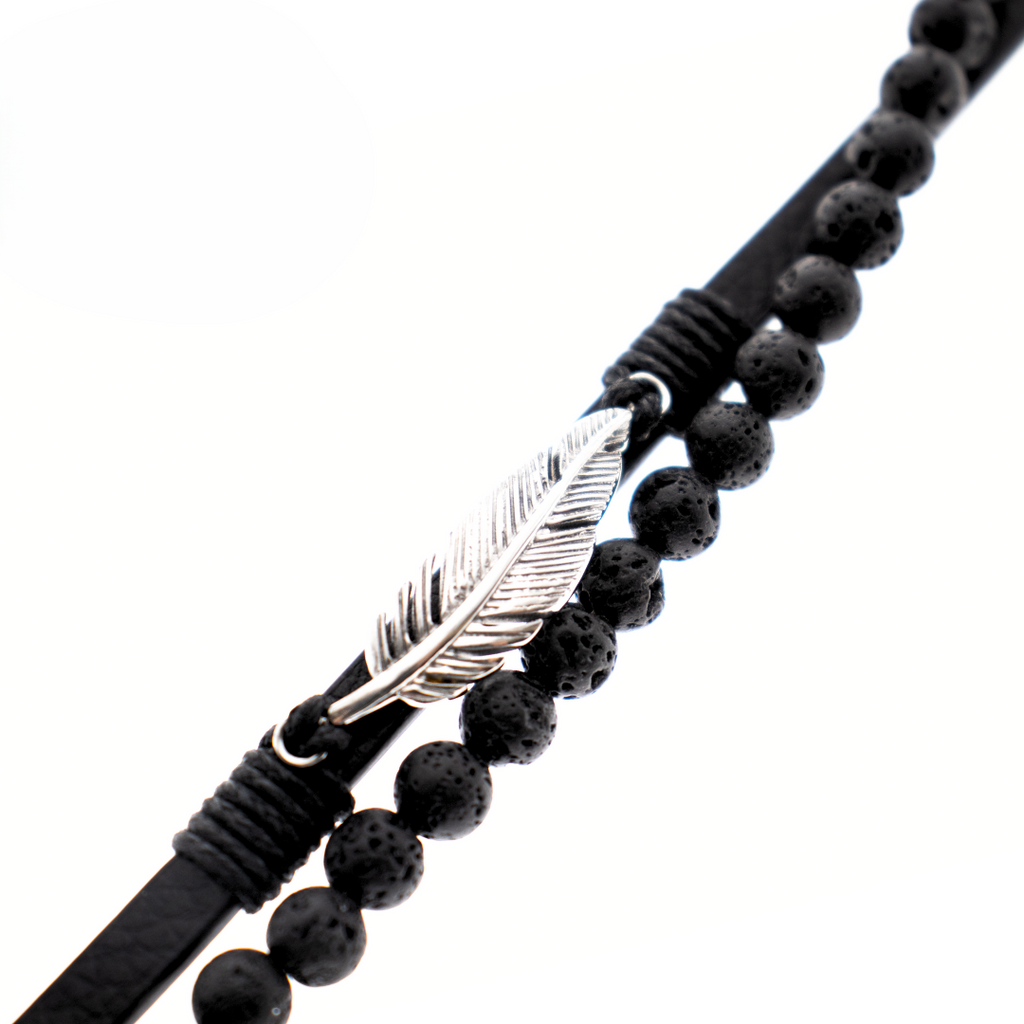BLACK LEATHER BRACELET WITH FEATHER FEATURE