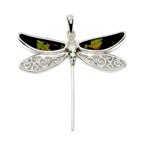 SMALL DRAGONFLY MORPHO & URANIA RIPHEUS "A" SILVER PENDANT