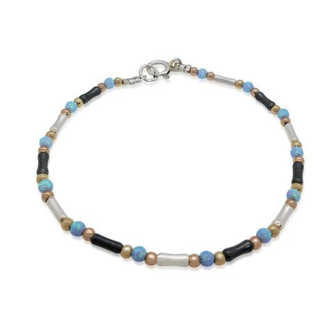 ISRAELI HANDMADE SILVER, GOLD FILLED, BLACK RODUIM & OPALITE BRACELET