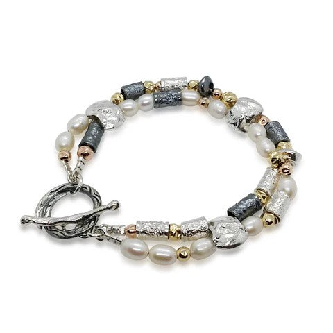 ISRAELI HANDMADE SILVER, GOLD FILLED, BLACK RODUIM & PEARL BRACELET