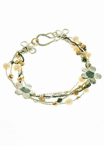 ISRAELI HANDMADE SILVER, GOLD FILLED, BLACK RODUIM & PEARL FLORAL BRACELET