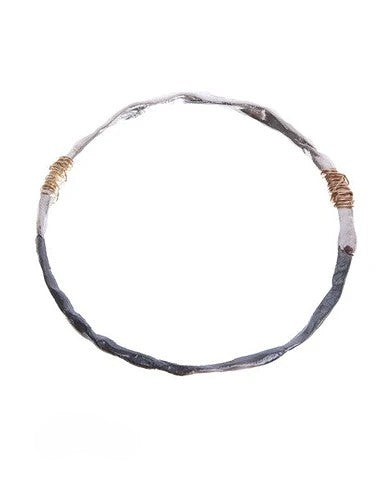 ISRAELI HANDMADE SILVER, GOLD FILLED & BLACK RODUIM BANGLE