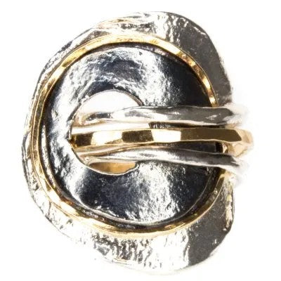 ISRAELI HANDMADE SILVER, GOLD FILLED & BLACK RODUIM RING