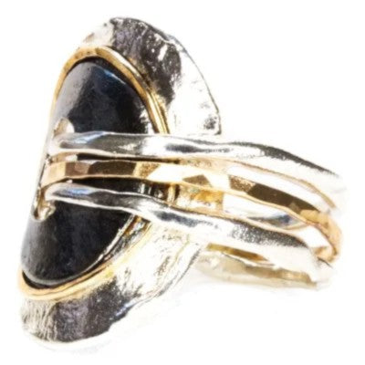 ISRAELI HANDMADE SILVER, GOLD FILLED & BLACK RODUIM RING