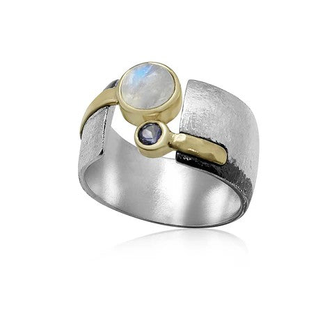 ISRAELI HANDMADE SILVER & GOLD FILLED RING WITH MOONSTONE AND IOLITE