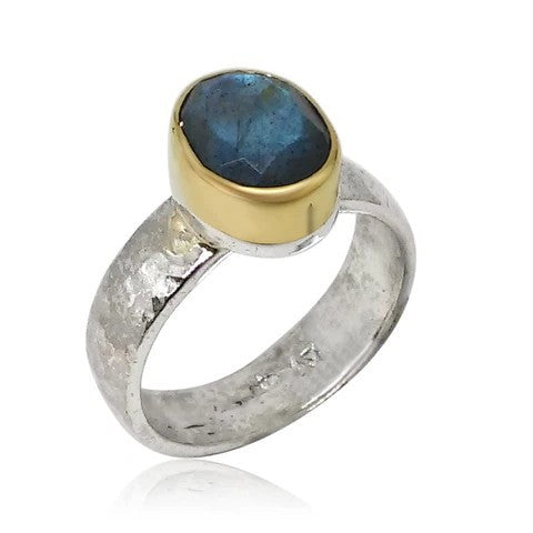 HANDMADE ISRAELI SILVER LABRADORITE WITH 9CT GOLD BEZEL RING  