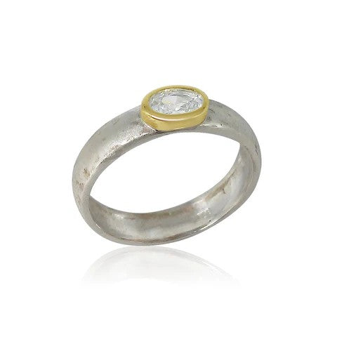 HANDMADE ISRAELI STERLING SILVER, 9K GOLD & CUBIC ZIRCONIA RING
