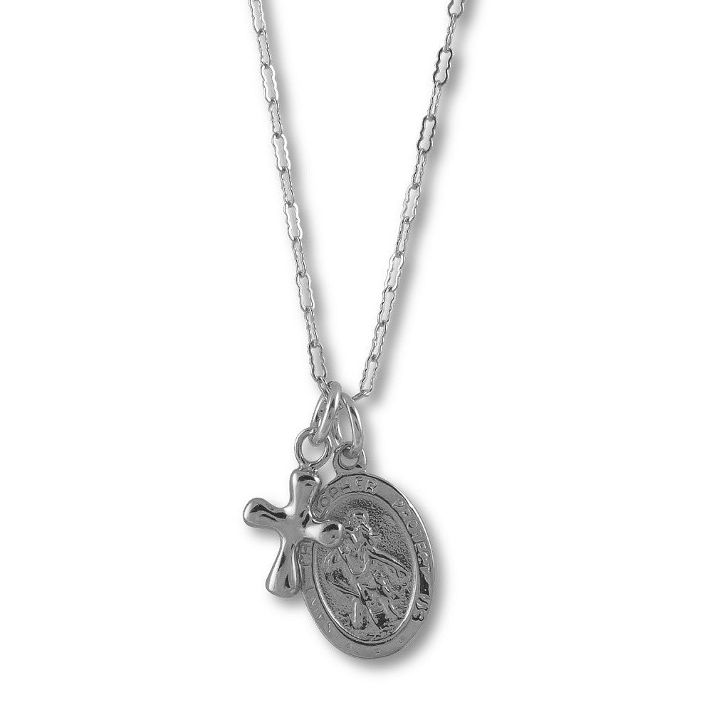 VON TRESKOW SILVER NECKLACE WITH ST CHRISTOPHER & CROSS